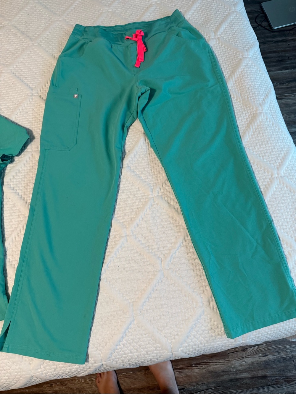 Figs Teal Scrub Pants with Pink Drawstring
